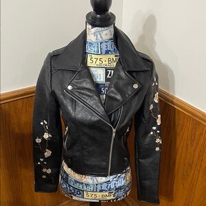 Romeo & Juliet Couture Black Leather Jacket with Floral Embroidery